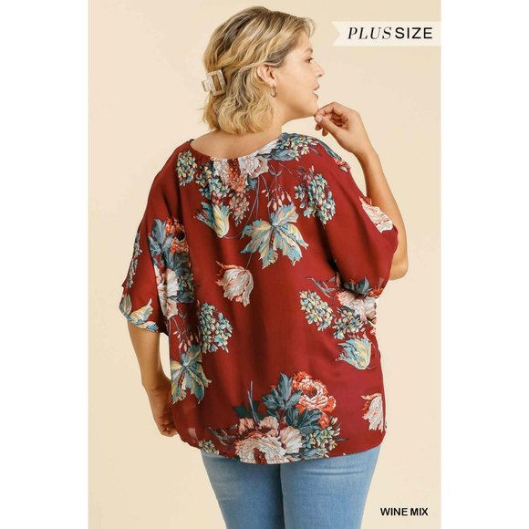 Umgee Plus Wine Mix Reversible Floral Print Dolman Sleeve V-Neck Top - Picture 2 of 2